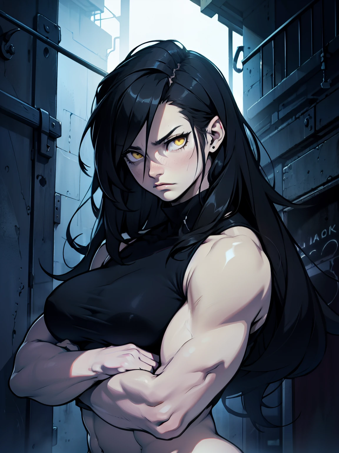 sad pale muscular girl breasts hair black hair yellow eyes extremely long hair sad dark atmosphere thick