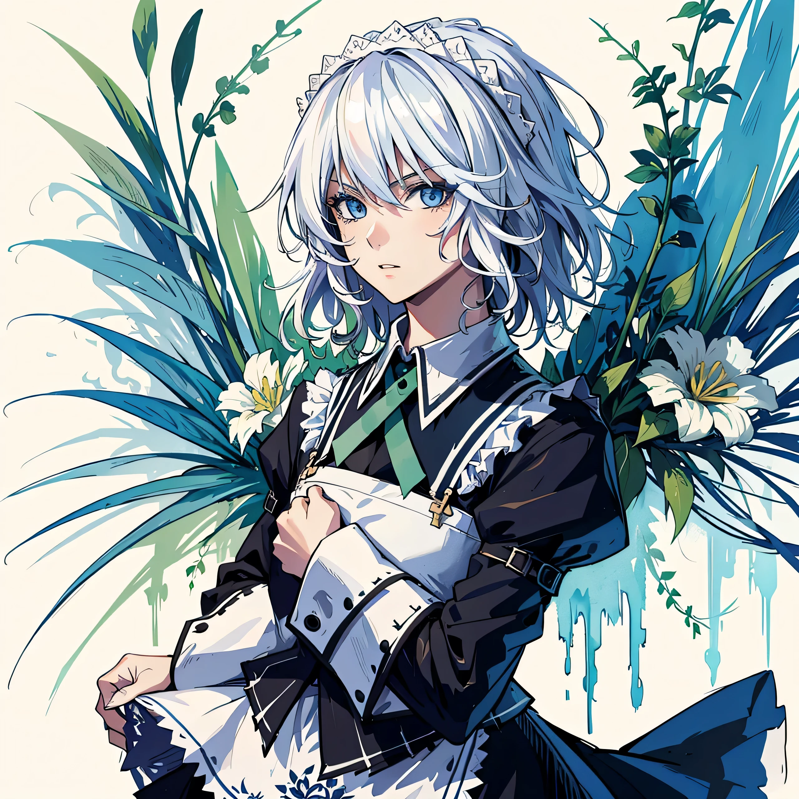 (Masterpiece, Top Quality, Best Quality, watercolour (medium), official arts, Beauty and Aesthetics: 1.2), (1girl 25 years old: 1.3), (s fractal art: 1.3), clean background,  Background, full - body, gaze at the viewer, 1girl, solo, sakuya izayoi, silver hair, maid dress, white apron, very short skirt, sexy pose,, sleeveless outfit, detailed face, detailed eyes, fresh blue eyes, big green ribbons, blue outfit, small-to-medium breasts, white hair, bowtie girl, white maid headband
