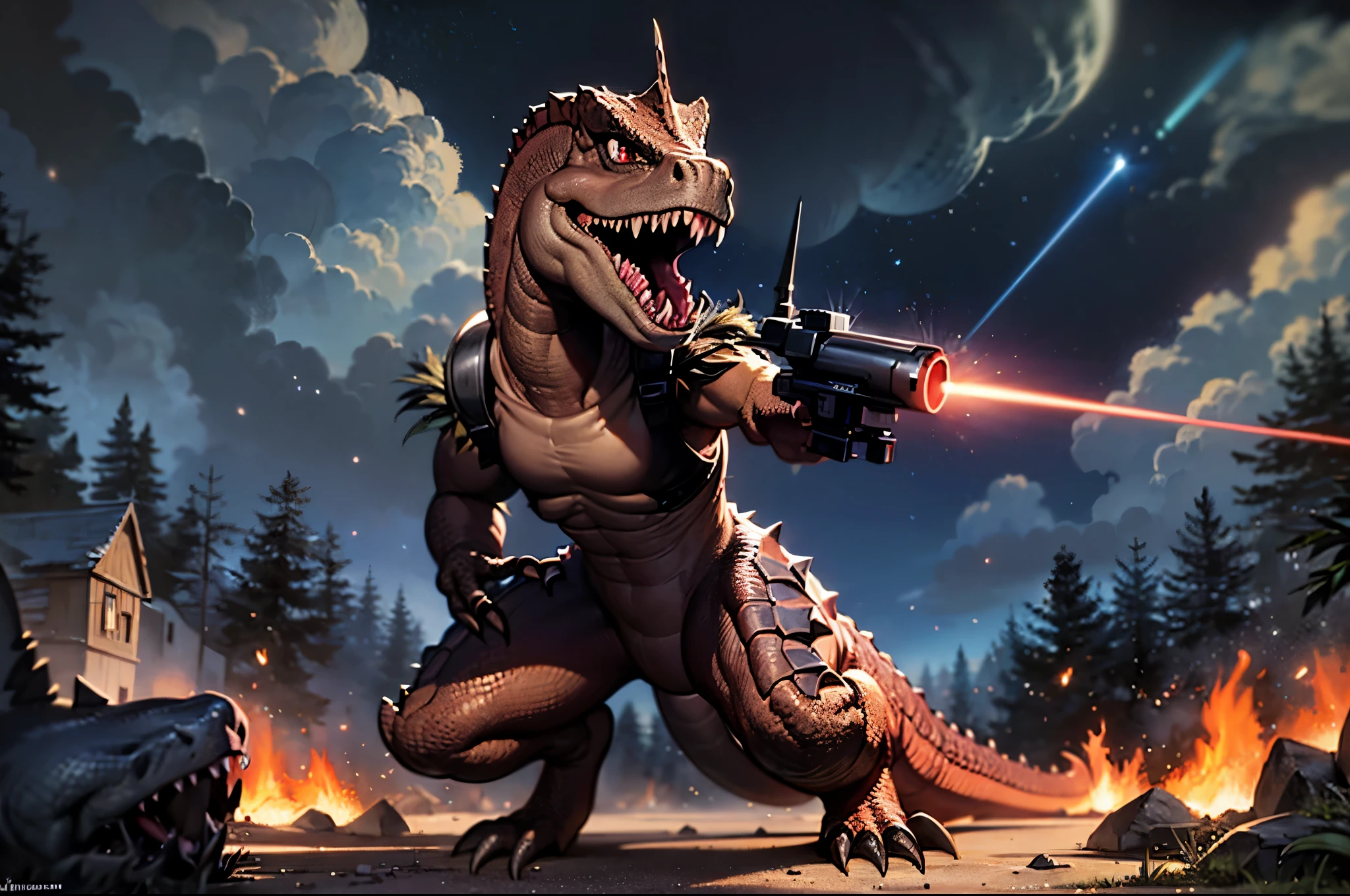 (((dinosaur character, full body, cinematic setting, lizard male))) Here I come, drop your jaws to the floor I'm riding on my (((mighty laser-shooting dinosaur))) Here we come, can you hear him roar? Prepare for epic fight and his (((laser missiles))) The sound is boom, boom, boom for every time a goblin dies Let's sing now, here we go, hear my battle cries (((Made of metal))) from the moon Assembled by samurai His battery gets charged by thunderstorm With most advanced AI Devouring trolls and unicorns From his maw there comes a flame Burning away our enemies And therefore we proclaim BREAK, detailed background, 8K, (masterpiece:1.5), intricate details, highly detailed, extreme detail, octane render, fine art, best quality, highres, (detailed face:1.5), ((full_body)), UHD, (((perfect hands))), low light