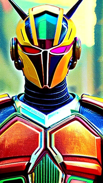 The image shows a cyborg resembling Kamen Rider, a Japanese special effects hero, standing in the center of the screen with round eyes like a dragonfly, a full-face cyber helmet, and highly mobile armor.、Image quality is HD