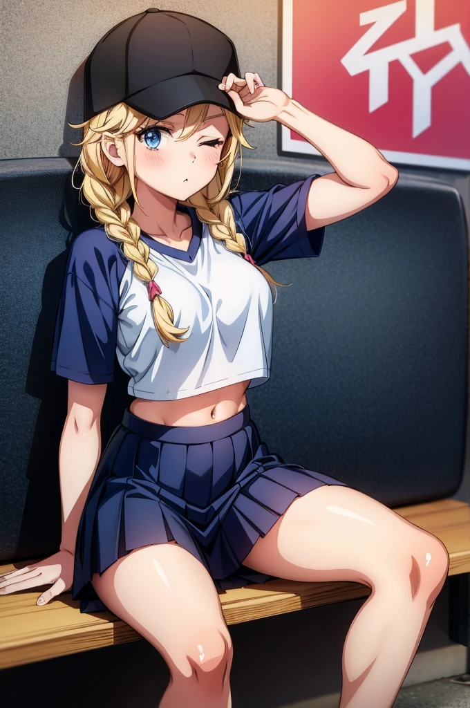 an anime and real girl wearing uniform sitting on a skateboard deck, 1girl, solo, skirt, blonde hair, long hair, blue eyes, breasts, one eye closed, braid, hat, black headwear, looking at viewer, navel, short sleeves, midriff, crop top, shirt, sitting, baseball cap, blue shirt, twin braids, thighs, pleated skirt, blush