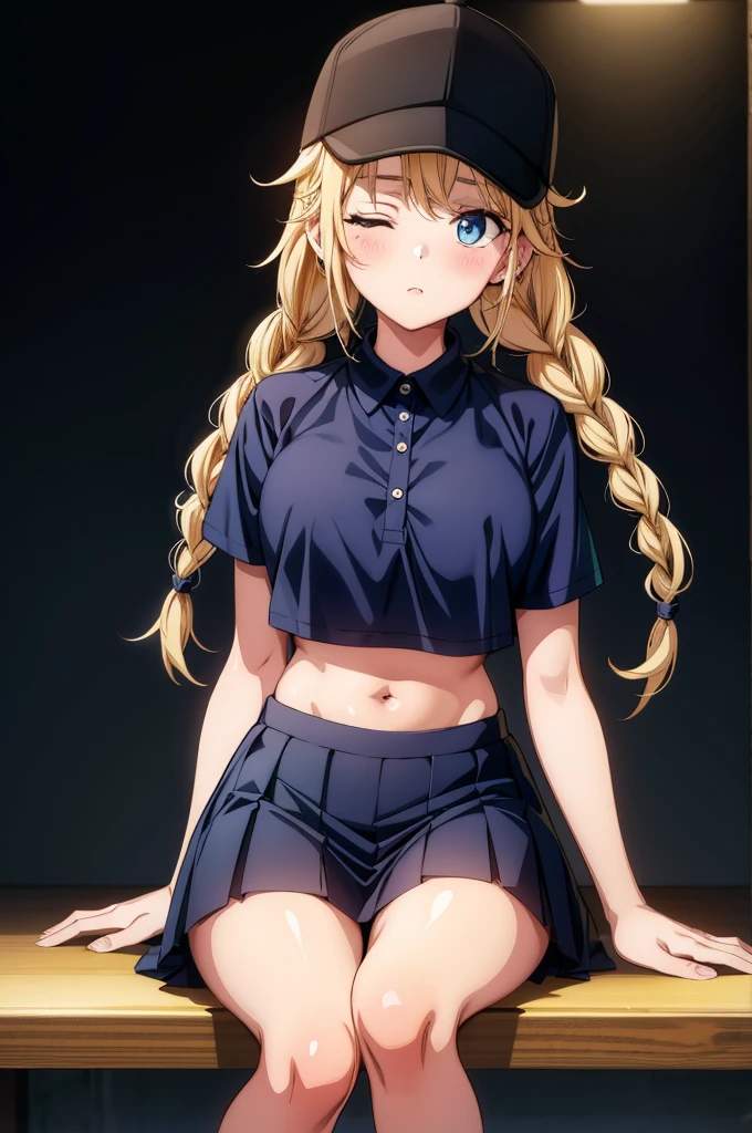 an anime and real girl wearing uniform sitting on a skateboard deck, 1girl, solo, skirt, blonde hair, long hair, blue eyes, breasts, one eye closed, braid, hat, black headwear, looking at viewer, navel, short sleeves, midriff, crop top, shirt, sitting, baseball cap, blue shirt, twin braids, thighs, pleated skirt, blush