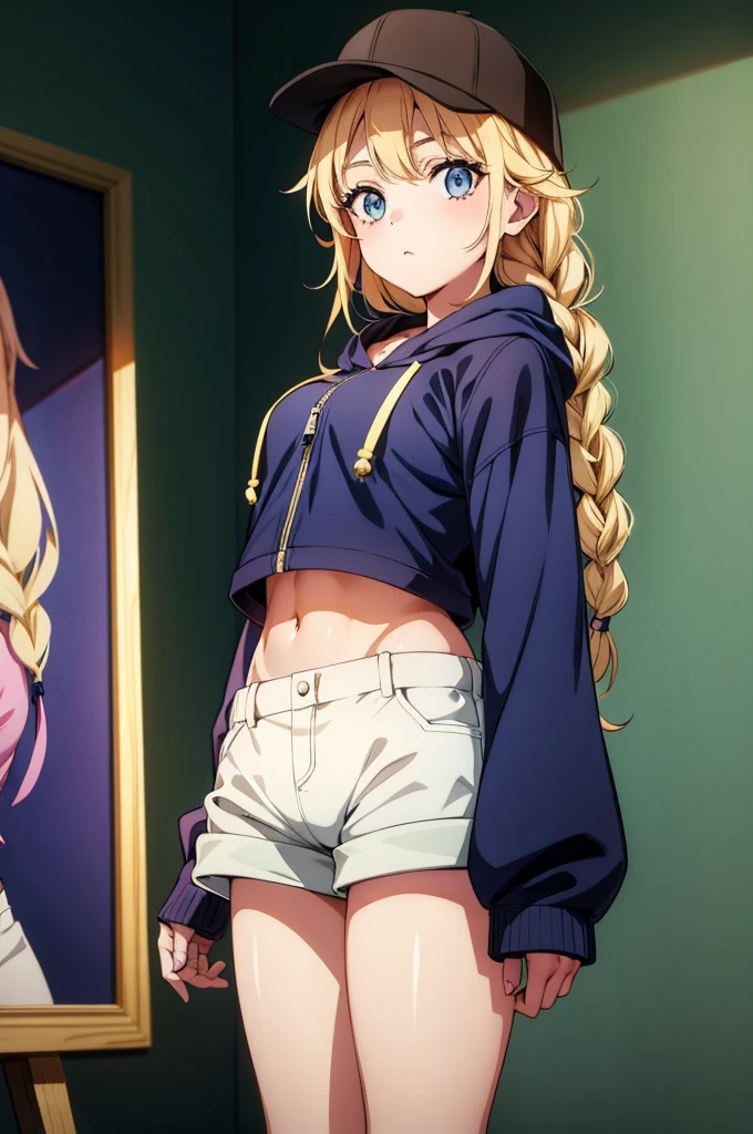 a close up of a girl with a hat and jacket standing next to a painting in her underwear, 1girl, blue eyes, solo, hat, blonde hair, braid, navel, shorts, baseball cap, long hair, looking at viewer, hood, jacket, thighs, crop top, breasts, midriff, white shorts, twin braids, open clothes, long sleeves, short shorts, holding, open jacket, bag, stomach