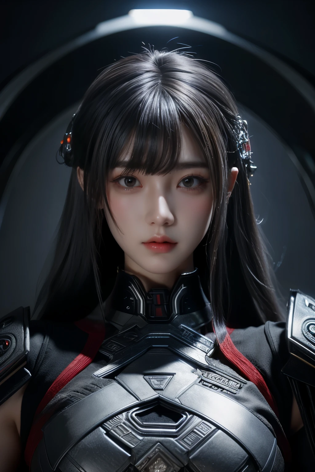 Masterpiece,Game art,The best picture quality,Highest resolution,8K,(Portrait),Unreal Engine 5 rendering works,(Digital Photography),((Portrait Feature:1.5)),
20 year old girl,Short hair details,With long bangs,(The red eye makeup is very meticulous),(With long gray hair:1.4),(Large, full breasts),Elegant and noble,Brave and charming,
(Future armor combined with the characteristics of ancient Chinese armor,Hollow design,Power Armor,The mysterious Eastern runes,A delicate dress pattern,A flash of magic),Warrior of the future,Cyberpunk figures,Background of war,
Movie lights，Ray tracing，Game CG，((3D Unreal Engine))，OC rendering reflection pattern