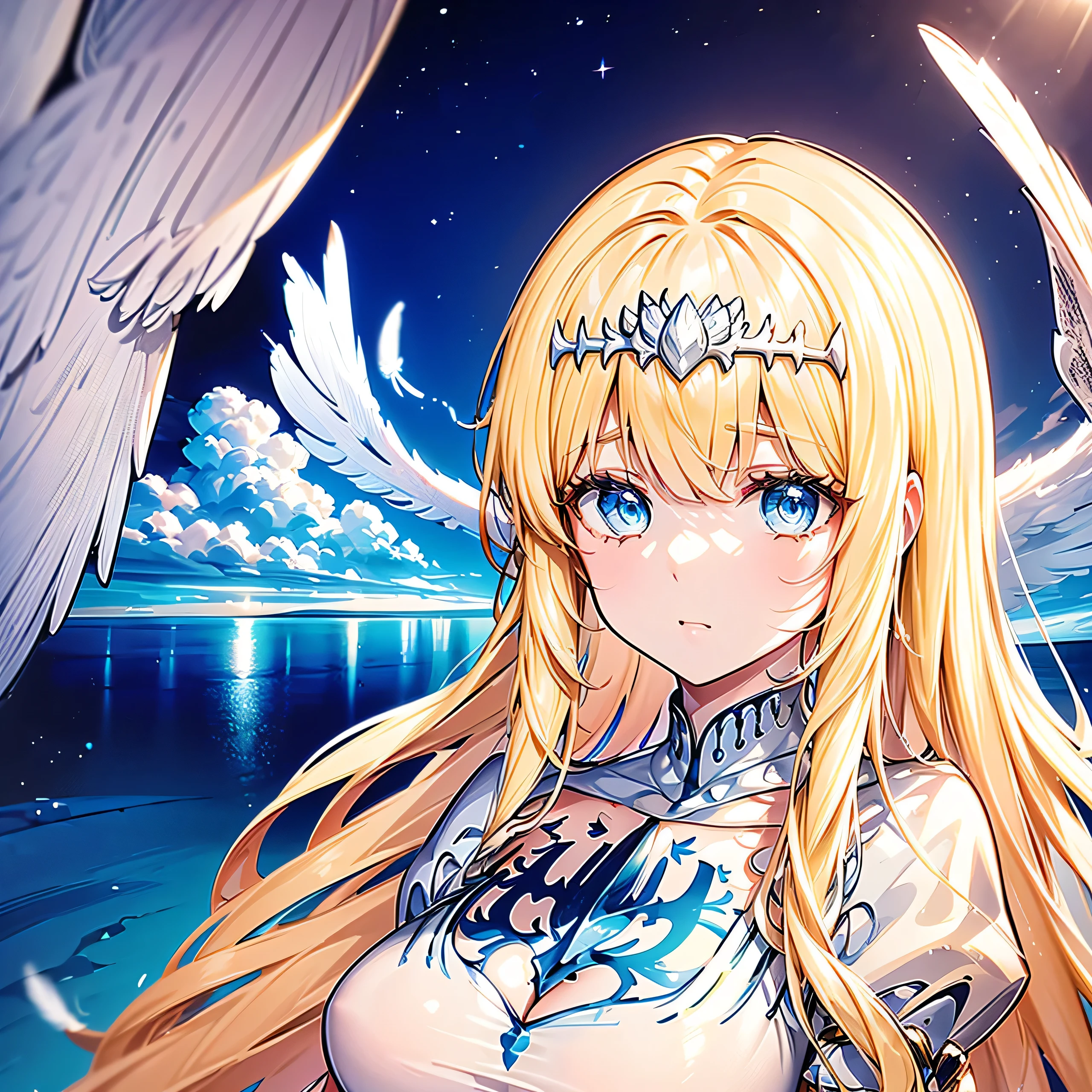 In a beautiful ice castle, There is an angel, Her hair was long enough to reach the floor. Around her., There are decorated ice sculptures., and her beauty is like a dream.. (left and right large feather wings:1.4)

The young woman stood quietly., But her eyes seemed to hold a deep sadness.. She seemed to be looking for something and was looking around..  Calcutta, blonde hair, My hair is very long, white dress, blue eyes, Medium bust, two angel wings, Huge white wings from her shoulders. 1girl, , solo, Calca, Calca Bessarez, blonde hair, extremely long hair, very long hair, white tiara, white dress, blue eyes, medium chest