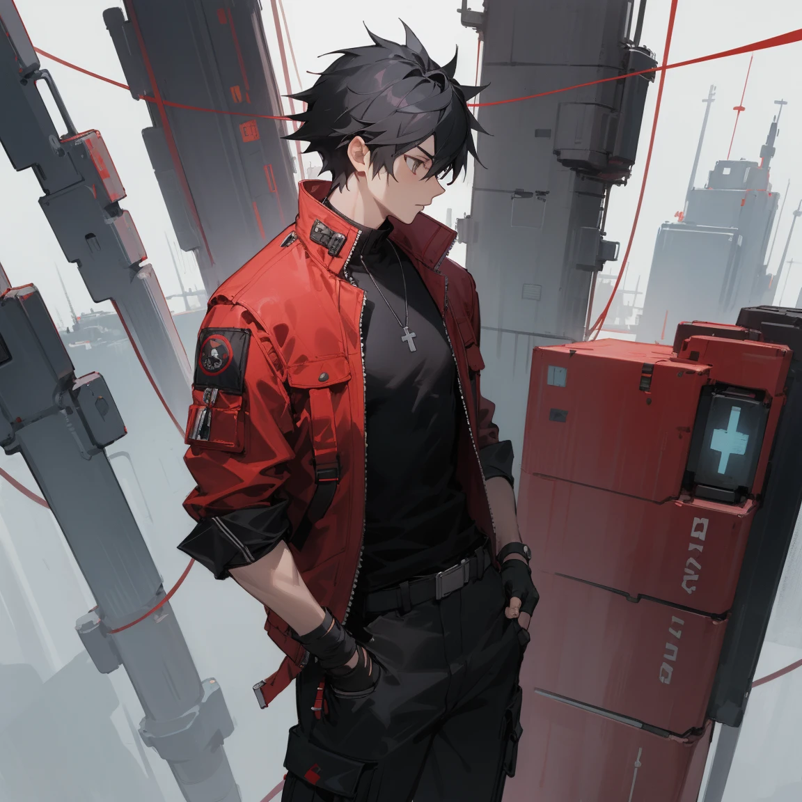 ((highest quality)), ((masterpiece)), (be familiar with), 1 male, alone, Black Hair,Spiky Hair,cargo pants,Red jacket,Black Shirt,Large,Fingerless Gloves, cyber punk,SF