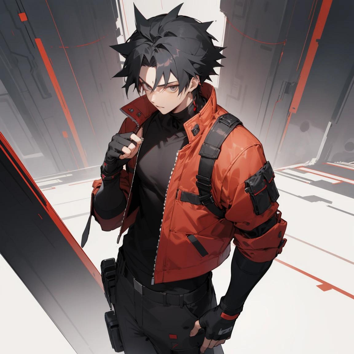 ((highest quality)), ((masterpiece)), (be familiar with), 1 male, alone, Black Hair,Spiky Hair,cargo pants,Red jacket,Black Shirt,Large,Fingerless Gloves, cyber punk,SF