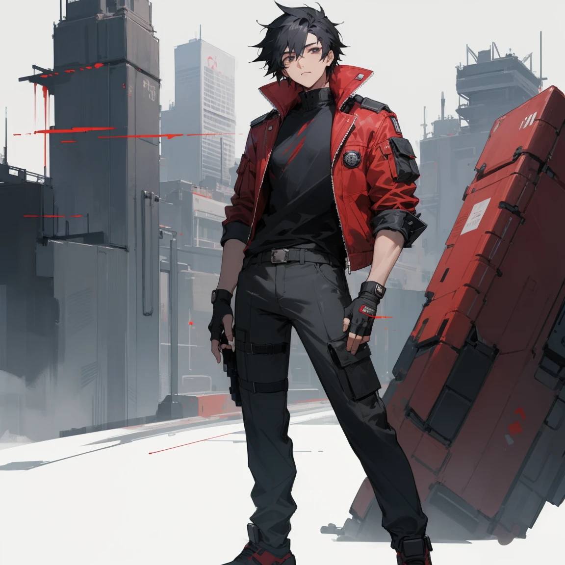 ((highest quality)), ((masterpiece)), (be familiar with), 1 male, alone, Black Hair,Spiky Hair,cargo pants,Red jacket,Black Shirt,Large,Fingerless Gloves, cyber punk,SF