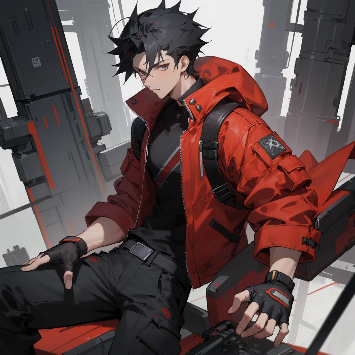 ((highest quality)), ((masterpiece)), (be familiar with), 1 male, alone, Black Hair,Spiky Hair,cargo pants,Red jacket,Black Shirt,Large,Fingerless Gloves, cyber punk,SF