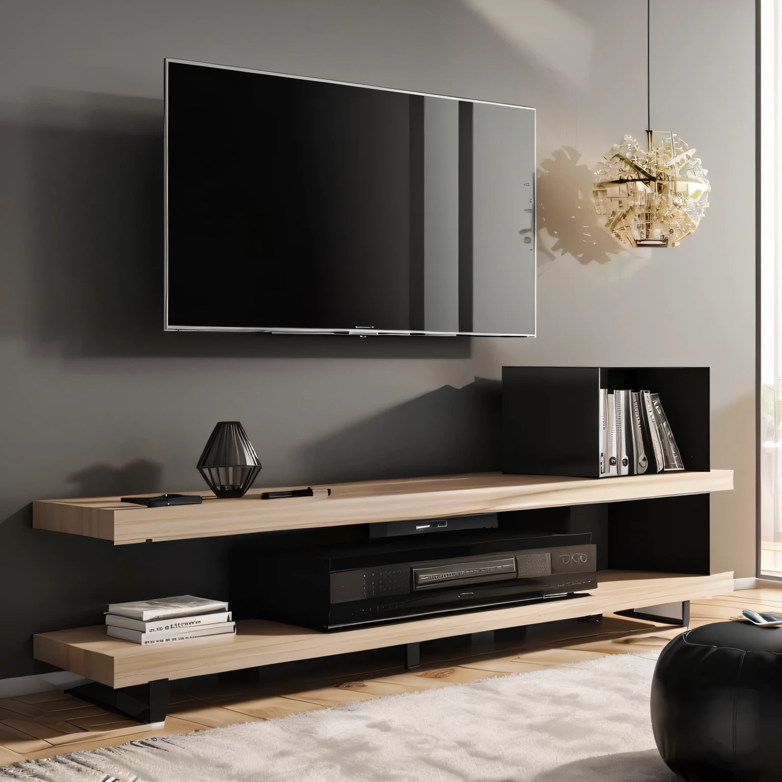 arafed entertainment center with a flat screen tv and a black ottoman, high quality rendering, modern minimal design, vray 8k render, rendered in lumion pro, high quality picture, with 3d render, with 3 d render, modern gallery furniture, rendered in corona, minimal modern, modern minimalist, vray 4k render, 8k in the style