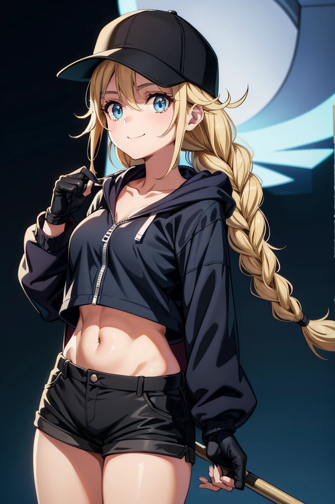 a cartoon woman in black coat and baseball cap standing facing camera wearing a bra, 1girl, solo, blue eyes, blonde hair, navel, hat, shorts, black shorts, long hair, baseball cap, twin braids, crop top, braid, jacket, gloves, midriff, black gloves, breasts, looking at viewer, night, black headwear, open jacket, open clothes, cowboy shot, long sleeves, short shorts, stomach, white shirt, hood, collarbone, holding, shirt, sky, smile, fingerless gloves