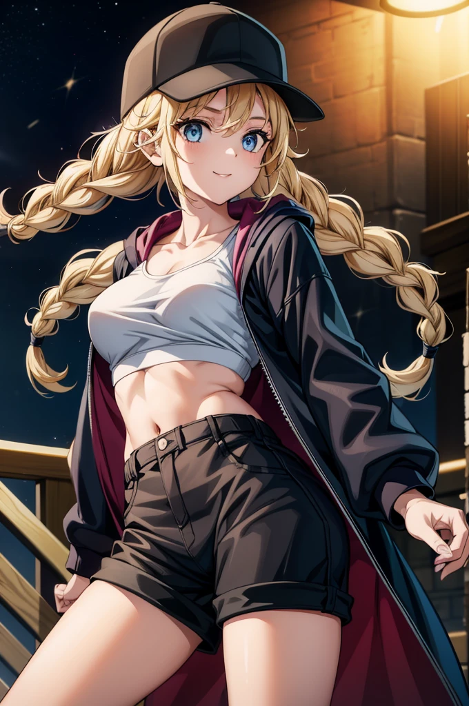 a cartoon woman in black coat and baseball cap standing facing camera wearing a bra, 1girl, solo, blue eyes, blonde hair, navel, hat, shorts, black shorts, long hair, baseball cap, twin braids, crop top, braid, jacket, gloves, midriff, black gloves, breasts, looking at viewer, night, black headwear, open jacket, open clothes, cowboy shot, long sleeves, short shorts, stomach, white shirt, hood, collarbone, holding, shirt, sky, smile, fingerless gloves