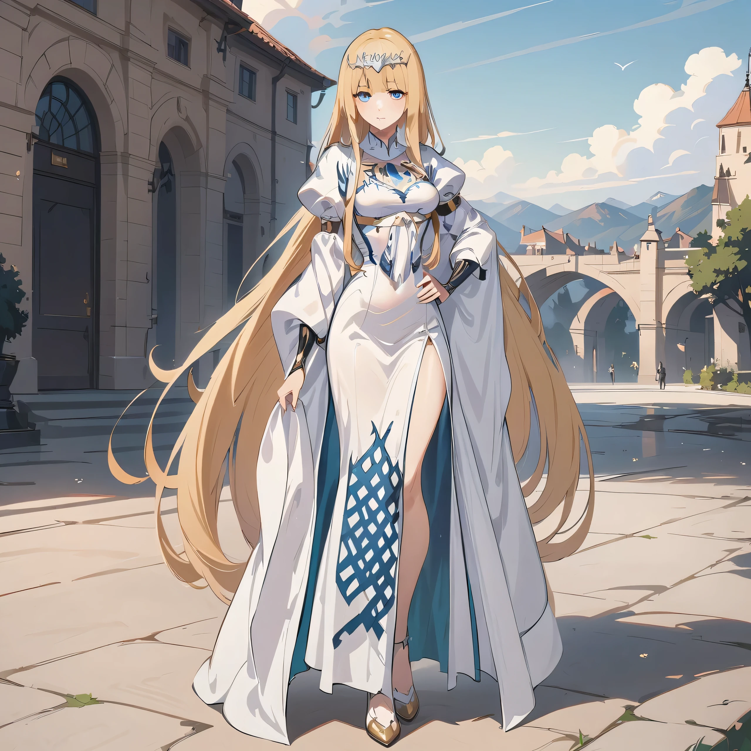 (highres,4k,8k,masterpiece:1.2), 1 girl, standing alone, with long flowing hair. The girl is standing in a confident pose, showcasing her full body. sophistication to her appearance.,  solo, Calca, Calca Bessarez, blonde hair, extremely long hair, very long hair, white tiara, white dress, blue eyes, medium chest, detailed face, detailed eyes, beautiful eyes