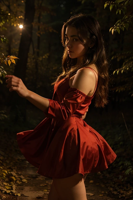 A girl in an open red dress dances in an autumn forest clearing at night