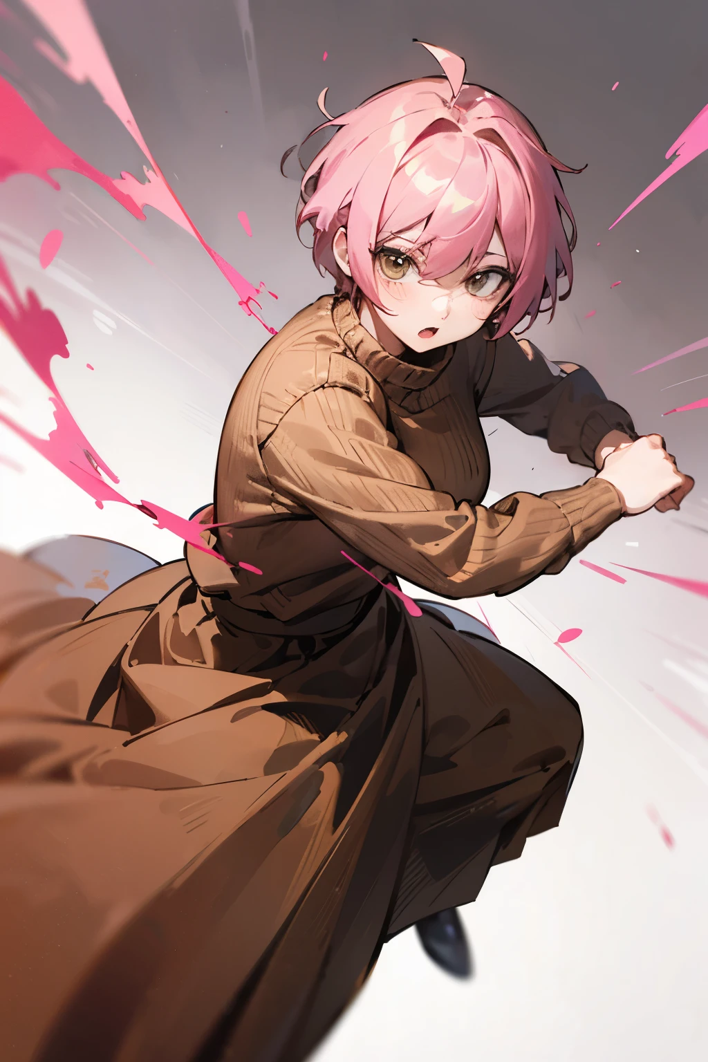 Natsuki, Doki Doki Literature Club, pink hair short hair, brown sweater, long skirt, fighting style, Heroic, looking for viewer
((Home_background))