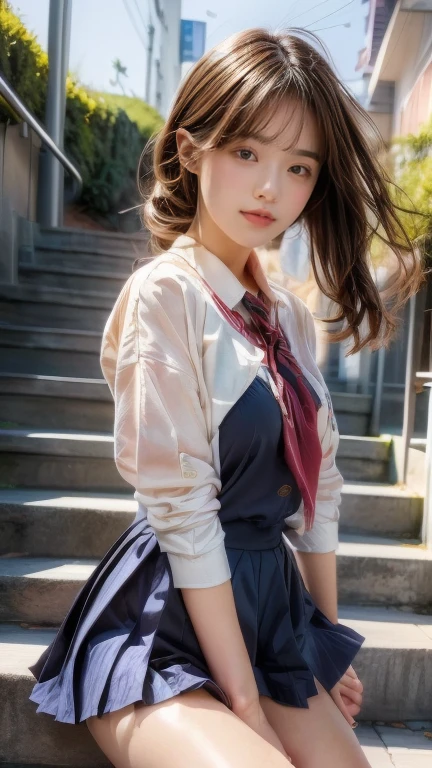 UHD, ccurate, anatomically correct, textured skin, high details, best quality, 8k, girl in a  posing on the street, Beautiful school girl, girl, cute girl, young girl, angirl, style, portrait girl, pretty girl, beautiful girl, 萌え アートstyle, Portrait, Surreal , かわいいgirlのビジュアル, リアルなアートstyle, Surrealism, modern