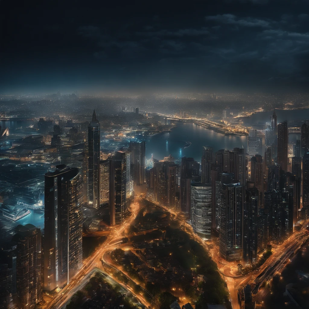 City night view (bustling city at night in the background) (great works: 1.3), (best quality: 1.1) (masterpieces: 1.3) with unparalleled masterpieces, surreal 8K, perfect artwork, super details, best quality, masterpieces 4K wallpaper aesthetics, masterpieces, award-winning artwork, official art, cinematic lighting