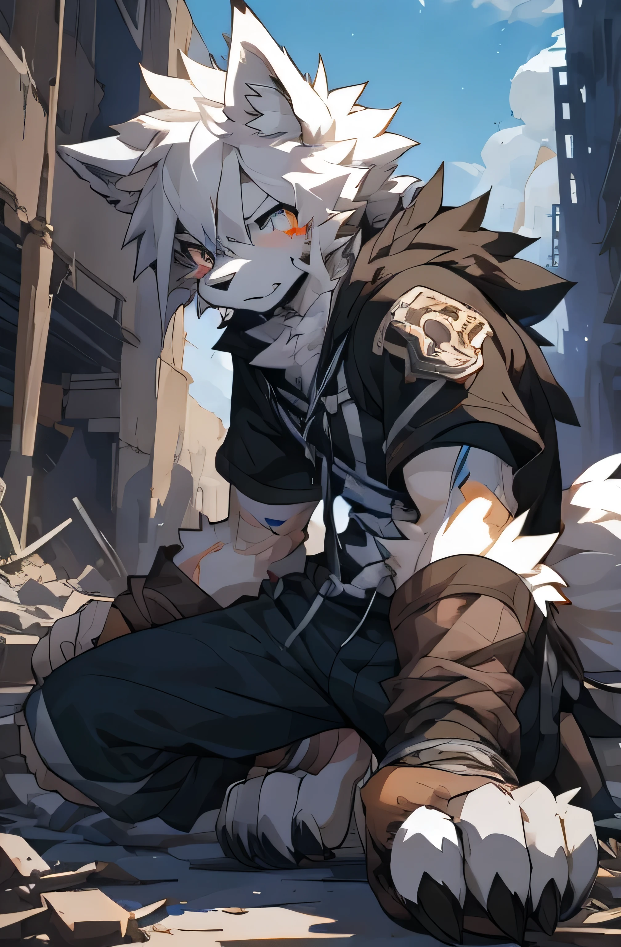 hairy,hairy wolf,white hair，Male Wolf，young,Black sclera,Wolf Tail,Very detailed,White fur,in ruins，Calm and alert，Fearful and strong，Serious expression，The clothes were worn out，wounded，Ready to fight