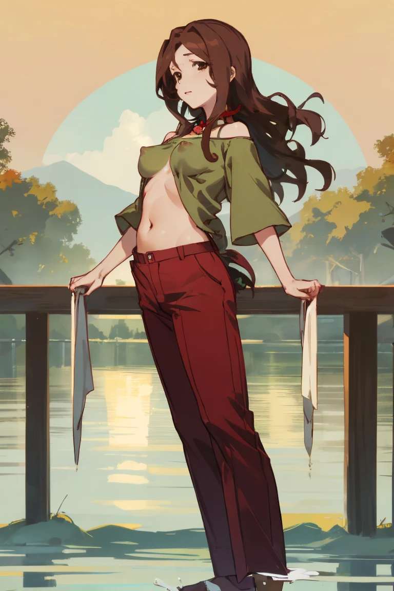 Lake Izu,((highest quality)), ((masterpiece)), (be familiar with),{{nsfw}},One female,Long Hair, Brown Hair, Brown eyes, Green Shirt,(Small breasts), Hair on one eye, Off the shoulder, Exposing shoulders,((Erect nipples)),Red pants