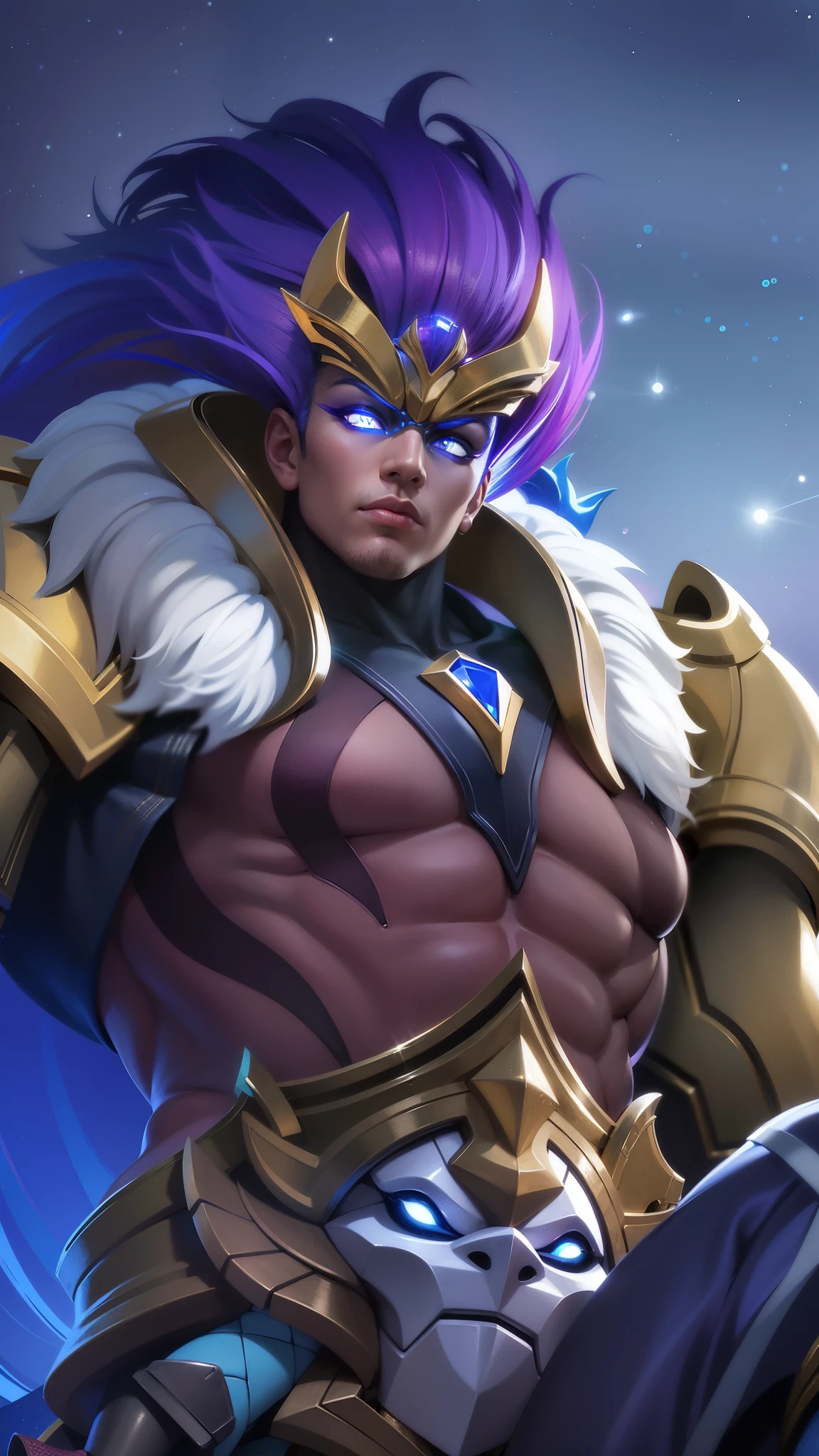 a close up of a male with a purple hair and a gold outfit, Best quality, masterpiece, detailed skin texture, detailed clothes texture, detailed face, super detailed, 8k, intricate detail, The color doesn't change, Muscle guy, 1 male, angry.