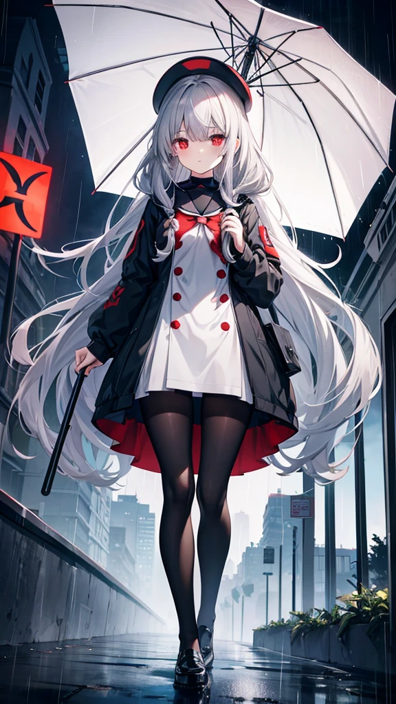 Gray Hair Red Eye Long Hair Lori black tights slender Town rain Vinyl umbrella cute beautiful girl uniform one person