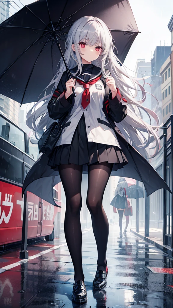 Gray Hair Red Eye Long Hair Lori black tights slender Town rain Vinyl umbrella cute beautiful girl uniform one person