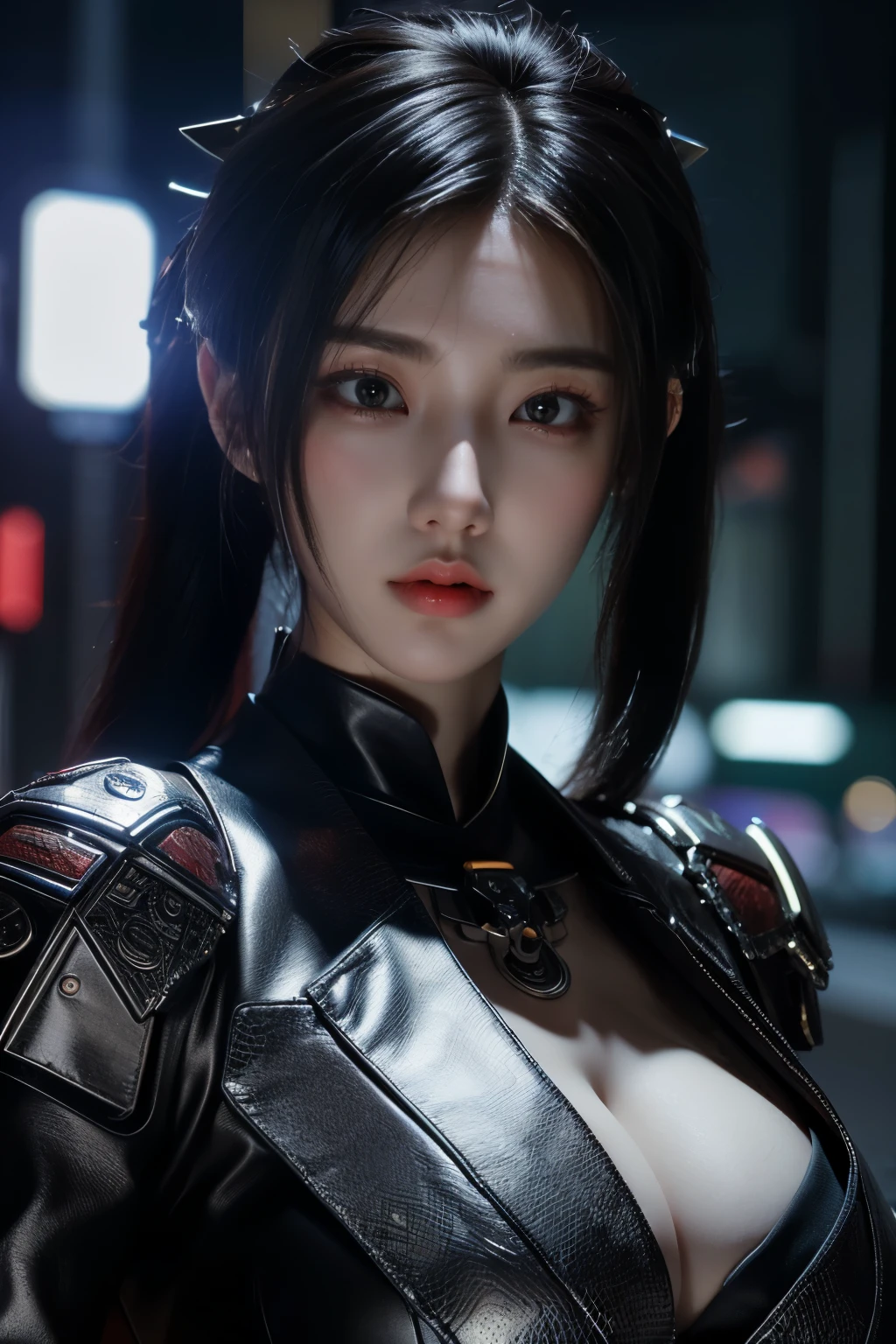 Game art，The best picture quality，Highest resolution，8K，(A bust photograph)，(Portrait)，(Head close-up)，(Rule of thirds)，Unreal Engine 5 rendering works， (The Girl of the Future)，(Female Warrior)， 22 year old girl，(Female hackers)，(White，Ancient Oriental hairstyle)，((The pupils of the red eyes:1.3))，(A beautiful eye full of detail)，(Big breasts)，(Eye shadow)，Elegant and charming，indifferent，((Anger))，(Cyberpunk jacket full of futuristic look，Joint Armor，There are exquisite Chinese patterns on the clothes，A flash of jewellery)，cyberpunk characters，futuristic style， photo poses，city background，Movie lights，Ray tracing，Game CG，((3D Unreal Engine))，OC rendering reflection pattern