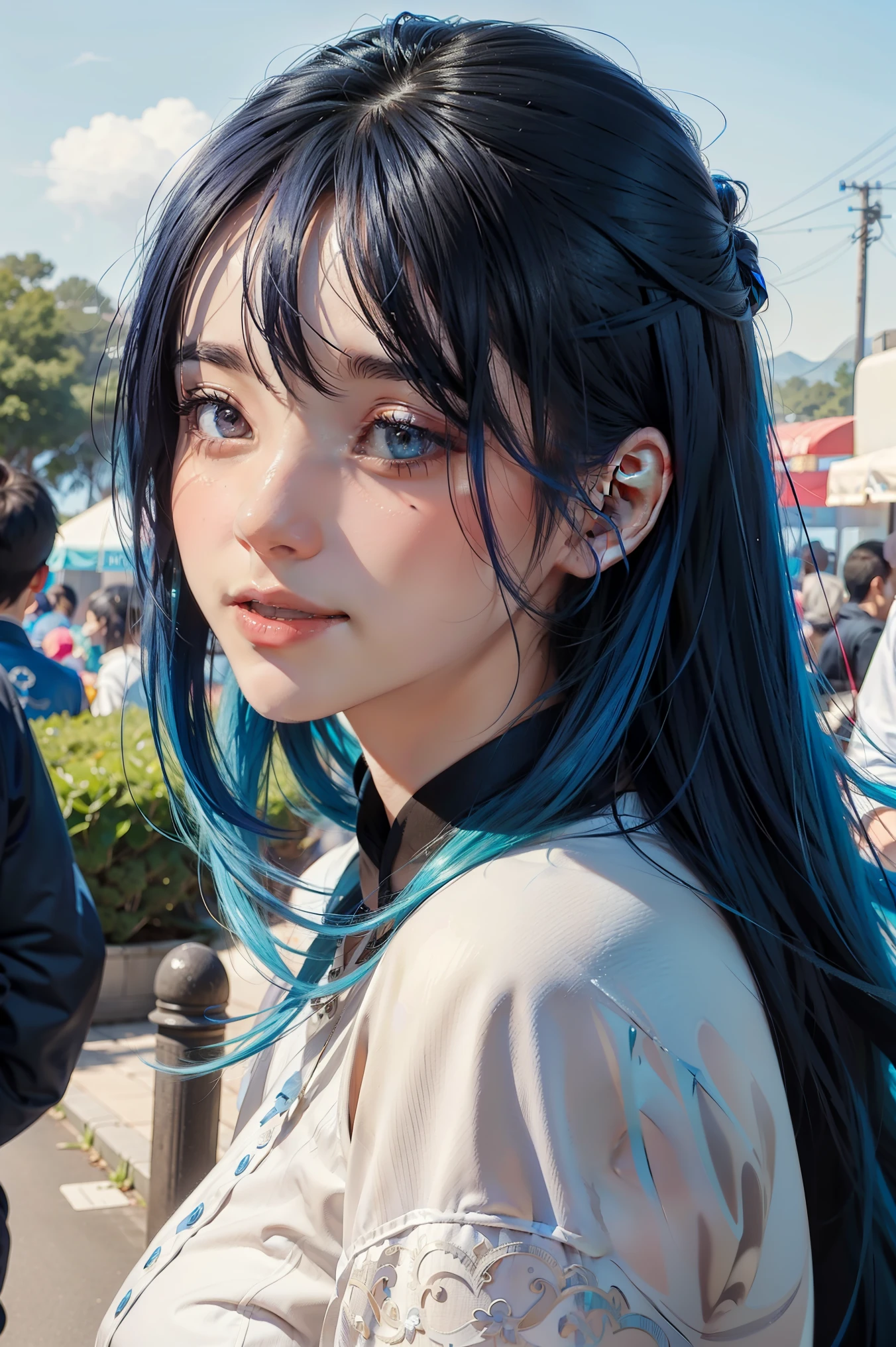 There was a woman with blue hair., Guvez style art, Guvez, beautiful character drawings, Guvez in ArtStation Pixiv, Guvez in Pixiv ArtStation, Amazing anime face pictures, Beautiful digital art, Wlop Rossdraws, Guvez Masterpiece, Detailed digital anime art