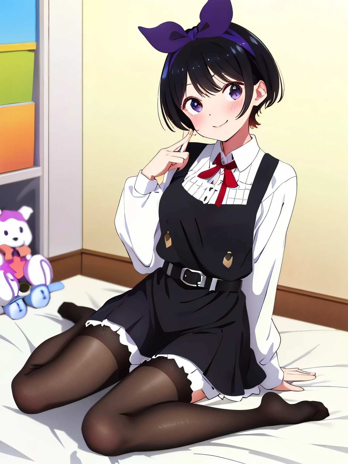 masutepiece, Best Quality, hight resolution, ram1, 1girl in, Solo, sarashina ruka, Black hair, white thighhig, Short hair, Red Eyes, Hair over one eye, Ribbon trim, Hair Ribbon, X Hair Ornament, frilld, Maid headdress, Waist apron, garter strap, a black ribbon, medium breasts, cleavage, Long sleeves, White Apron, Neck ribbon, Purple Ribbon, Wide sleeves, Hair Flower, Indoors, Sitting, crossed legs, 1girl in, (Ultra-high image quality,masutepiece:1.2), spread legswide,plaid skirts,,White panties,Smiling,on the beds,(Black socks:1.4),8k,sarashinaruka, Sarashina ruka, Long hair, Bangs, Black hair, (Purple eyes:1.2), BREAK shirt, Long sleeves, Dress, bow ribbon, , White shirt, Collared shirt, Belt bag, Neck ribbon, Blue Dress, Green Ribbon, pleated dress, grey dress, Two-tone dresses, Blue belt, Lycoris Uniform, Mastsrpiece、top-quality、best、超A high resolution、intricate-detail、An ultra-fine illustrations、perfect anatomia、Correct anatomy、perfectly proportions、Full body of one 、face perfect、Hands are２、perfect hand、The feet are in２、perfect leg、4 fingers and 1 thumb、Perfect fingers、18year old、1 girl、Full body from head to leg、full bodyesbian、、Thin leg、sitting down on the floor、Put on the floor、laying on back、Opening legs、Inter-strands、Lying on a white bed facing the front、Slender feet、legs slightly open、Sleeping in a big letter、Legs are spread、Panchira、Full body portrait、Panting face、red blush、Embarrassed look、A slightly sad look、white panties、Pure white panties、Black_Stockings、black transparent stockings、Black knee socks、Black Knee High、Black stockings、Black pantyhose、Black Lace Pantyhose、black lence stockings、Black light pantyhose、Black transparent pantyhose、No frame No shoes、No shoes on、classroom fullbackground under stockings_Pure white_panties on、Pure white underwear、Pure white panties、Panties are visible from the skirt、I took off my skirt、I don't wear a skirt、Pure white bra、Japanese high school students、Bedrooms、in a house、during daytime、（）、((full body Esbian))、Masts