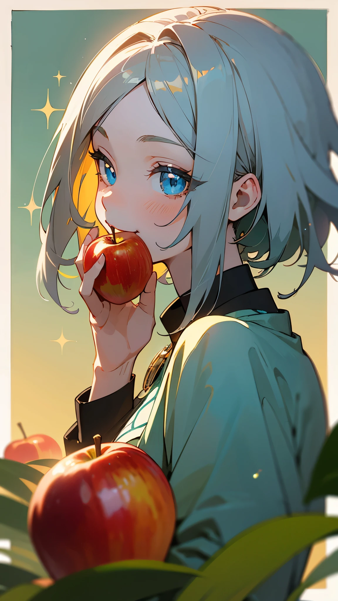 -yeld giAnime style painting、Upper body close-up、smile、From the side, impression, (Oil), Green and orange tones、Silver Hair, (Sparkling blue eyes)、Eating an apple、Delicate contours、Background Blur, Depth of the drawn border
