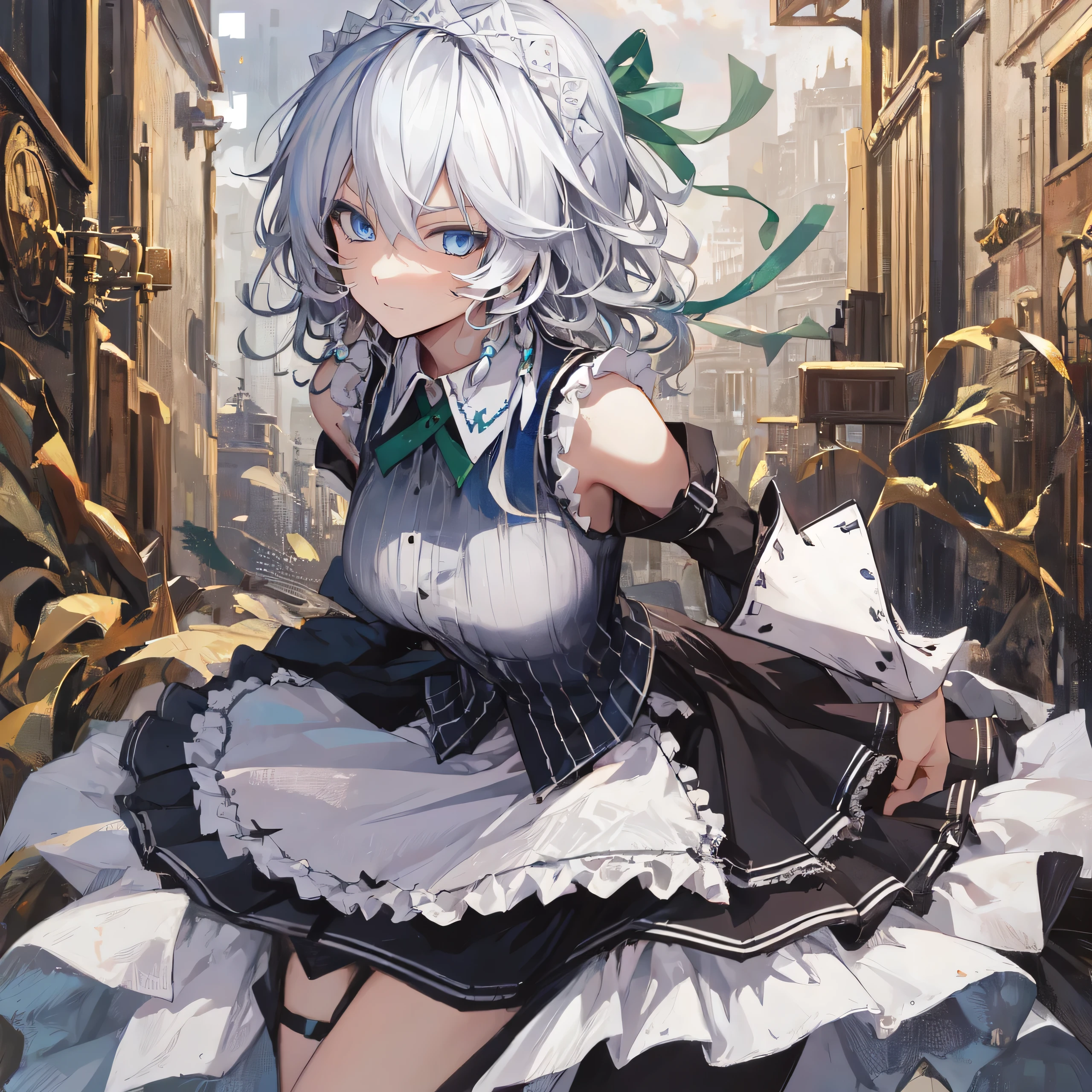 masterpiece, best quality,  1girl, solo, sakuya izayoi, silver hair, maid dress, white apron, very short skirt, sexy pose,, sleeveless outfit, detailed face, detailed eyes, fresh blue eyes, big green ribbons, blue outfit, small-to-medium breasts, white hair, bowtie girl, white maid headband