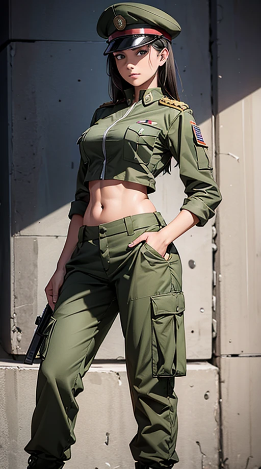 Chica pelirroja, mejillas rosadas y uniforme militar
