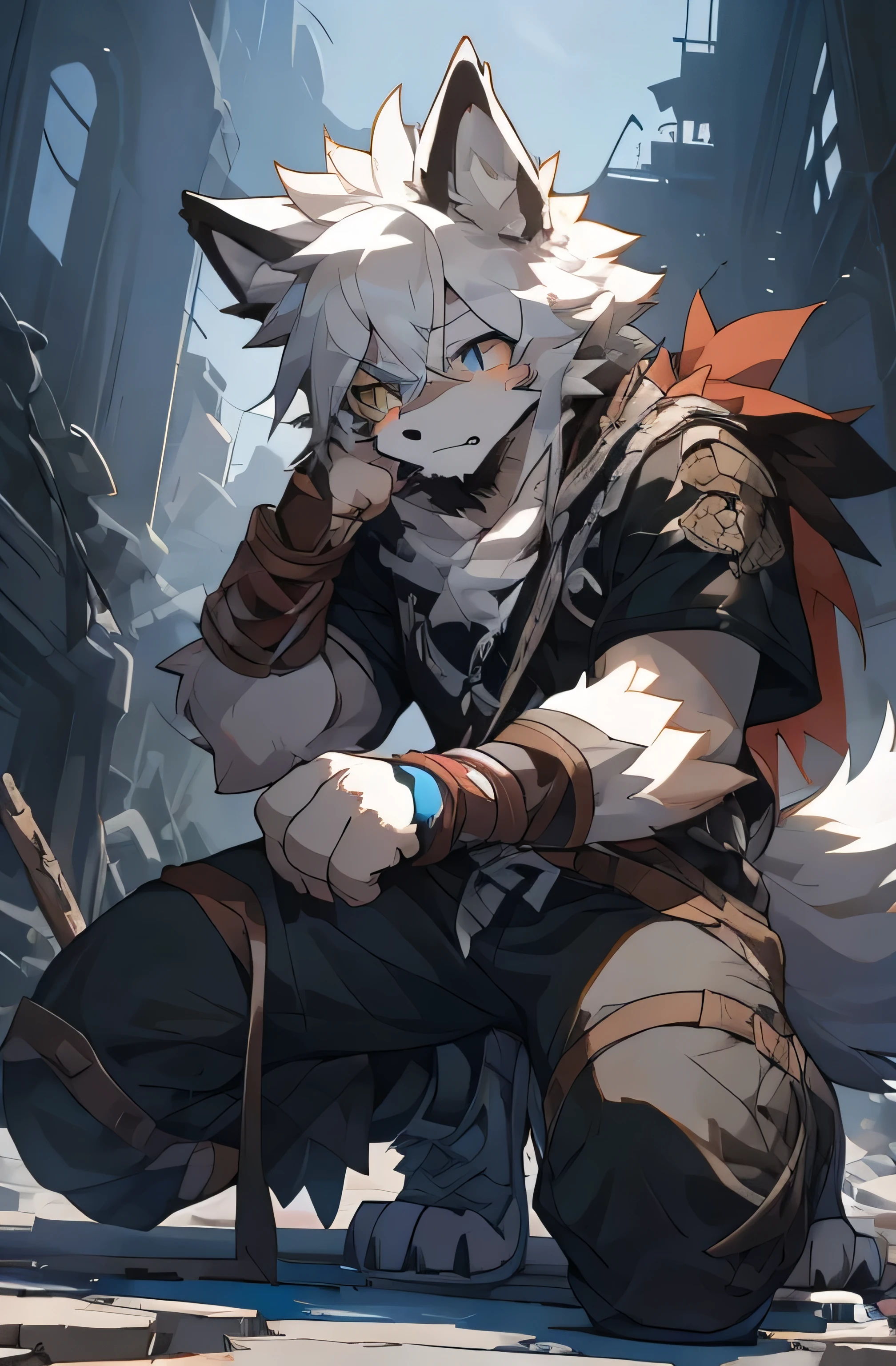 hairy,hairy wolf,white hair,Male Wolf,young,Black sclera,Wolf Tail,Very detailed,White fur,in ruins,Calm and alert,Fearful and strong,Serious expression,The clothes were worn out,wounded,Ready to fight,Get down on one knee