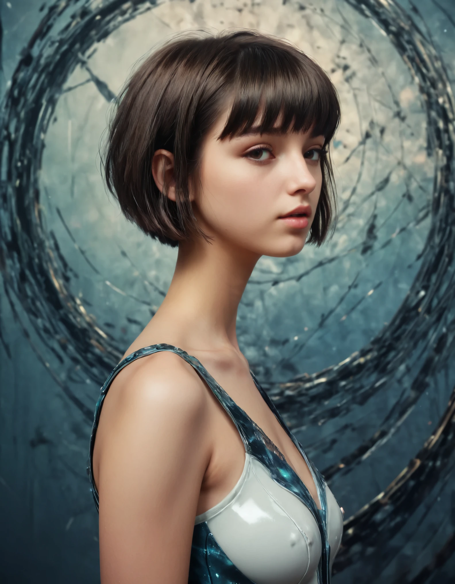 Surrealism,high quality,1 female,20 years old,(short hair),artwork, abstract background