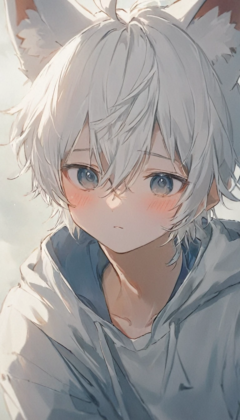 White Haired Anime Boy, Fox Ears, Shy Blushing HD