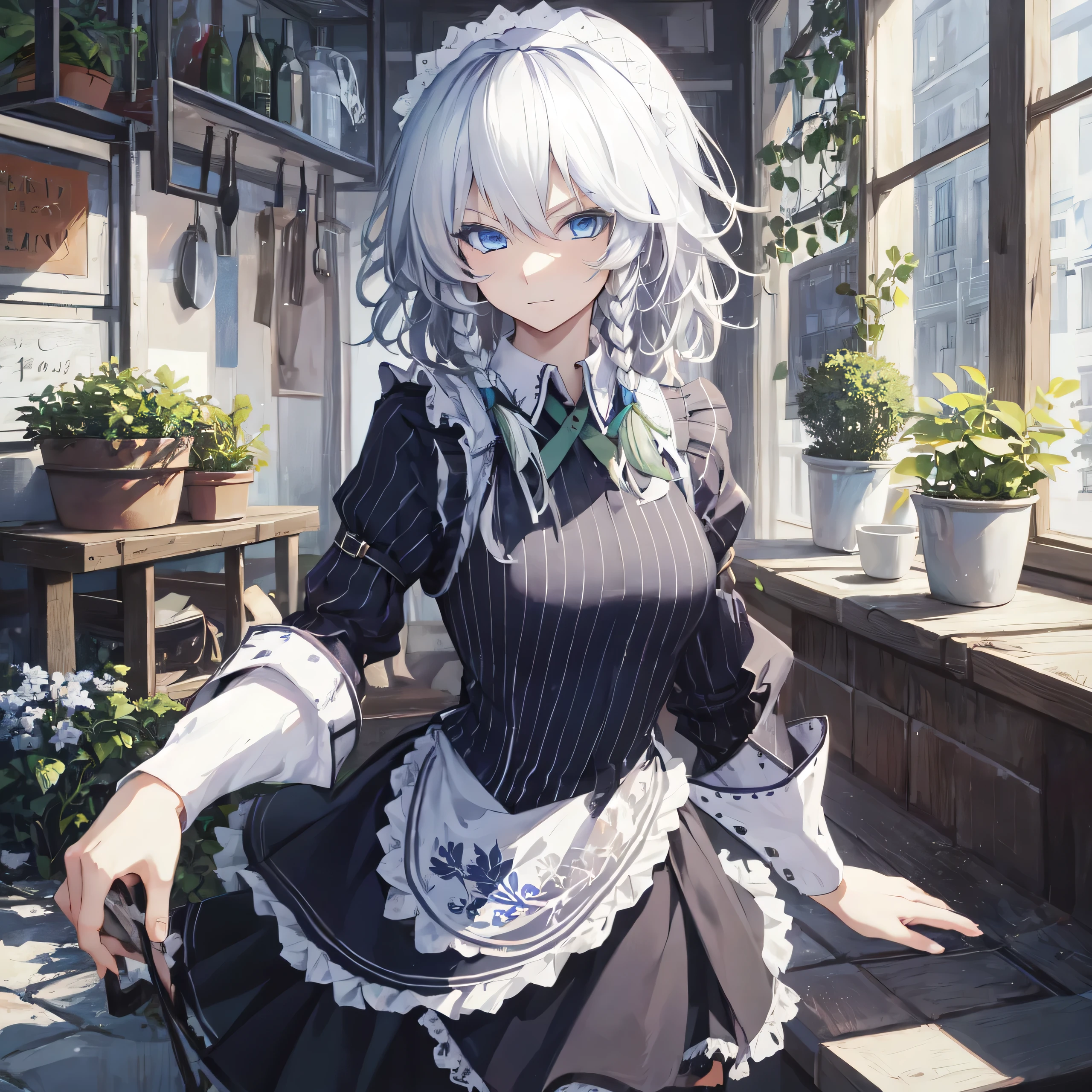masterpiece, best quality, 1girl, solo, sakuya izayoi, silver hair, maid dress, white apron, very short skirt, sexy pose,, sleeveless outfit, detailed face, detailed eyes, fresh blue eyes, big green ribbons, blue outfit, small-to-medium breasts, white hair, bowtie girl, white maid headband