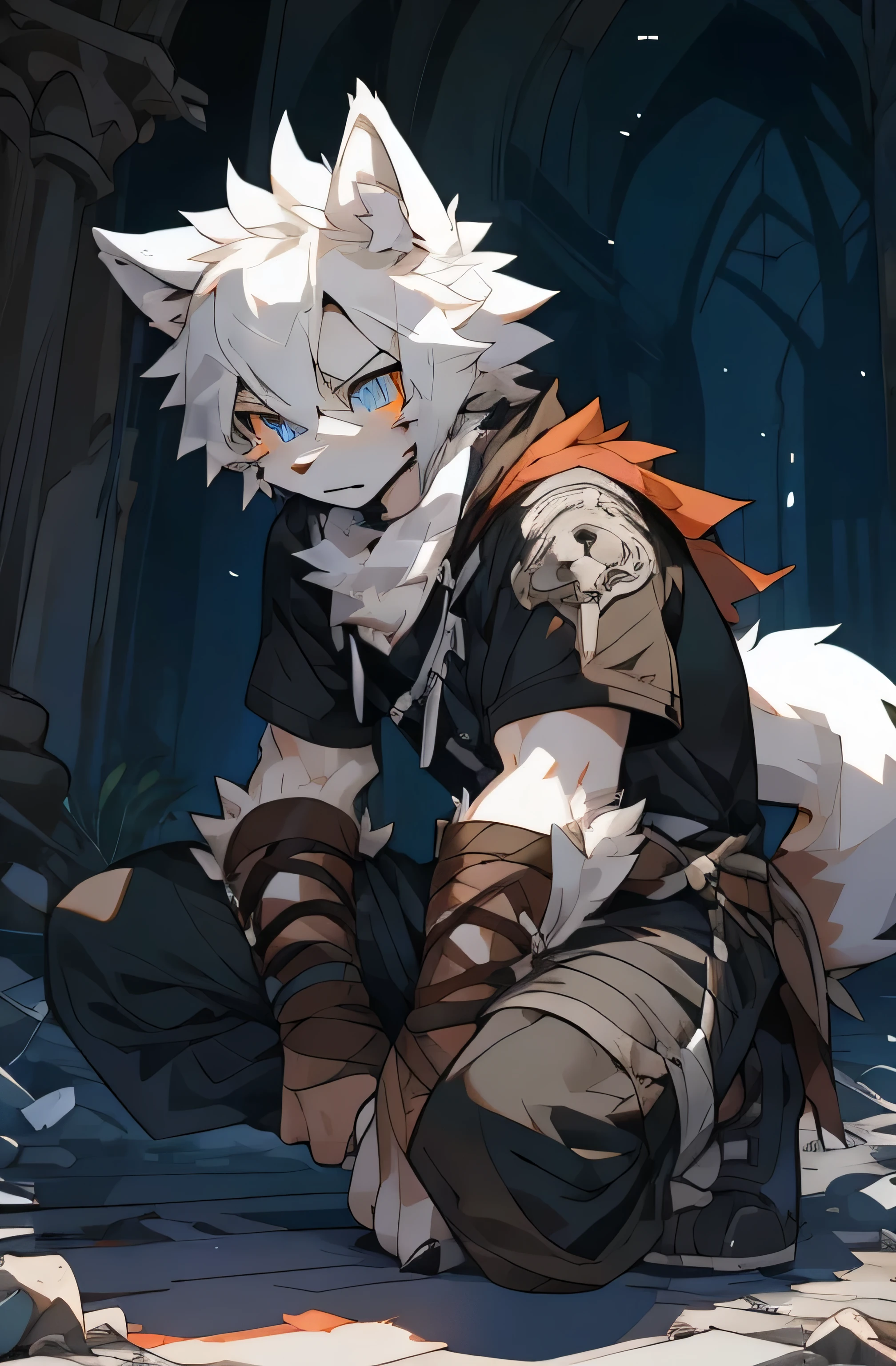 hairy,hairy wolf,white hair,Male Wolf,young,Black sclera,Wolf Tail,Very detailed,White fur,in ruins,Calm and alert,Fearful and strong,Serious expression,The clothes were worn out,wounded,Ready to fight,Get down on one knee