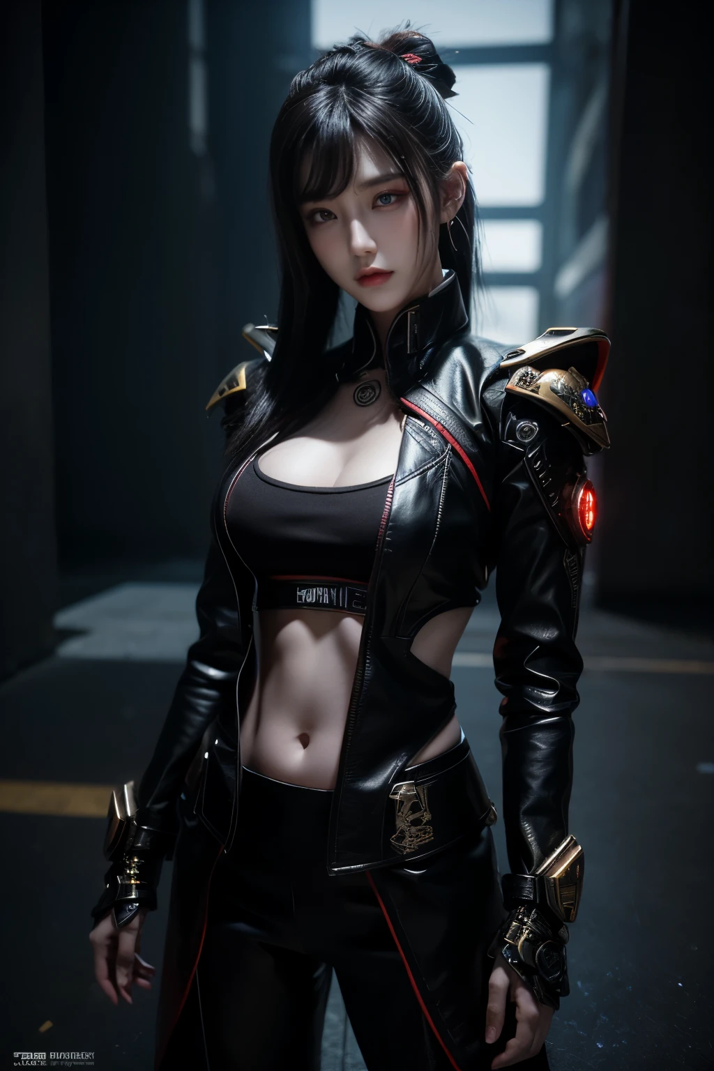 Game art，The best picture quality，Highest resolution，8K，(A bust photograph)，(Portrait)，(Head close-up)，(Rule of thirds)，Unreal Engine 5 rendering works， (The Girl of the Future)，(Female Warrior)， 22 year old girl，(Female hackers)，(White，Ancient Oriental hairstyle)，((The pupils of the red eyes:1.3))，(A beautiful eye full of detail)，(Big breasts)，(Eye shadow)，Elegant and charming，indifferent，((Anger))，(Cyberpunk jacket full of futuristic look，Joint Armor，There are exquisite Chinese patterns on the clothes，A flash of jewellery)，cyberpunk characters，futuristic style， photo poses，city background，Movie lights，Ray tracing，Game CG，((3D Unreal Engine))，OC rendering reflection pattern