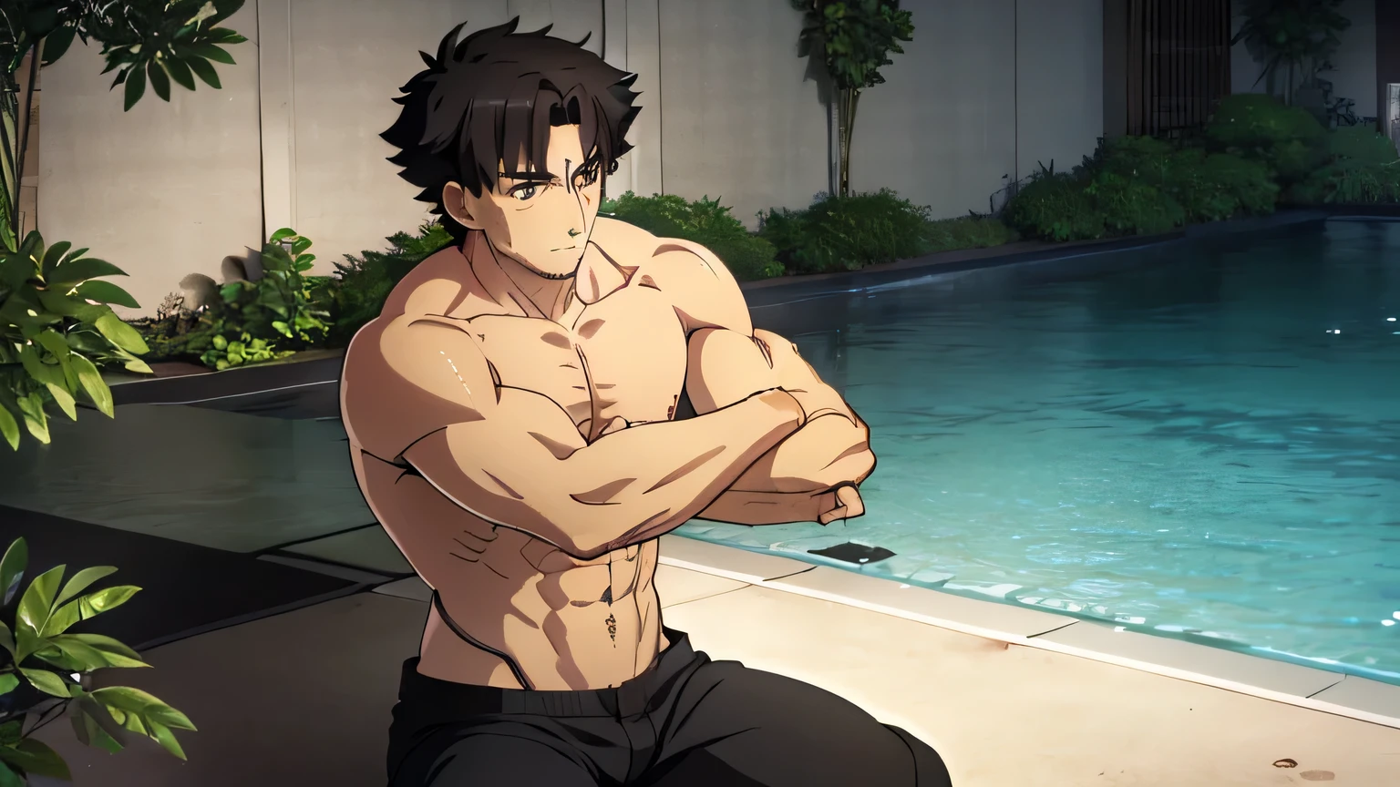 Kiritsugu is sitting and [flexing his biceps]. He wears [black boxershorts] and is shirtless. You can see his thighs. He looks stoic and serious. He has huge veins on his arms.