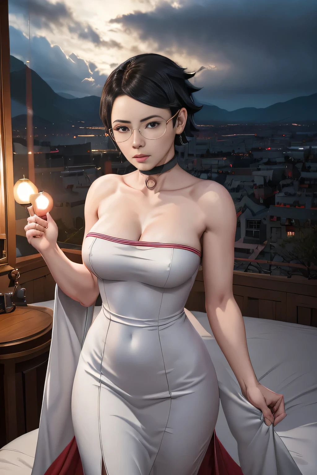 masterpiece, absurdres , (intricate details), (colorful),cinematic lighting,extremely detailed CG unity 8k wallpaper , Sarada Uchiha, 1girl, solo, white tight wedding dress , looking at viewer, outdoors, hotel bedroom , cloudy sky, wind, seductive pose