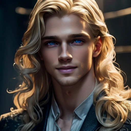 beautiful blonde haired blue eyed angel, young man, delicate facial features, affeminate, smiling, porcelain skin, long curly yellow hair, detailed face, hyperrealistic, intricate details, cinematic lighting, dramatic, ethereal, dramatic chiaroscuro, dramatic shadows, vivid colors, highly detailed, photorealistic, sharp focus, 4k, masterpiece