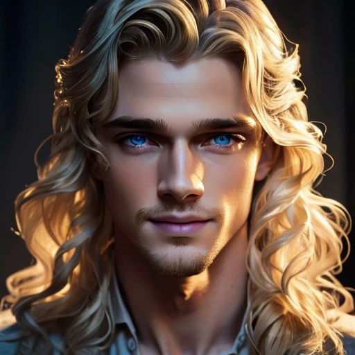 beautiful blonde haired blue eyed angel, young man, delicate facial features, affeminate, smiling, porcelain skin, long curly yellow hair, detailed face, hyperrealistic, intricate details, cinematic lighting, dramatic, ethereal, dramatic chiaroscuro, dramatic shadows, vivid colors, highly detailed, photorealistic, sharp focus, 4k, masterpiece