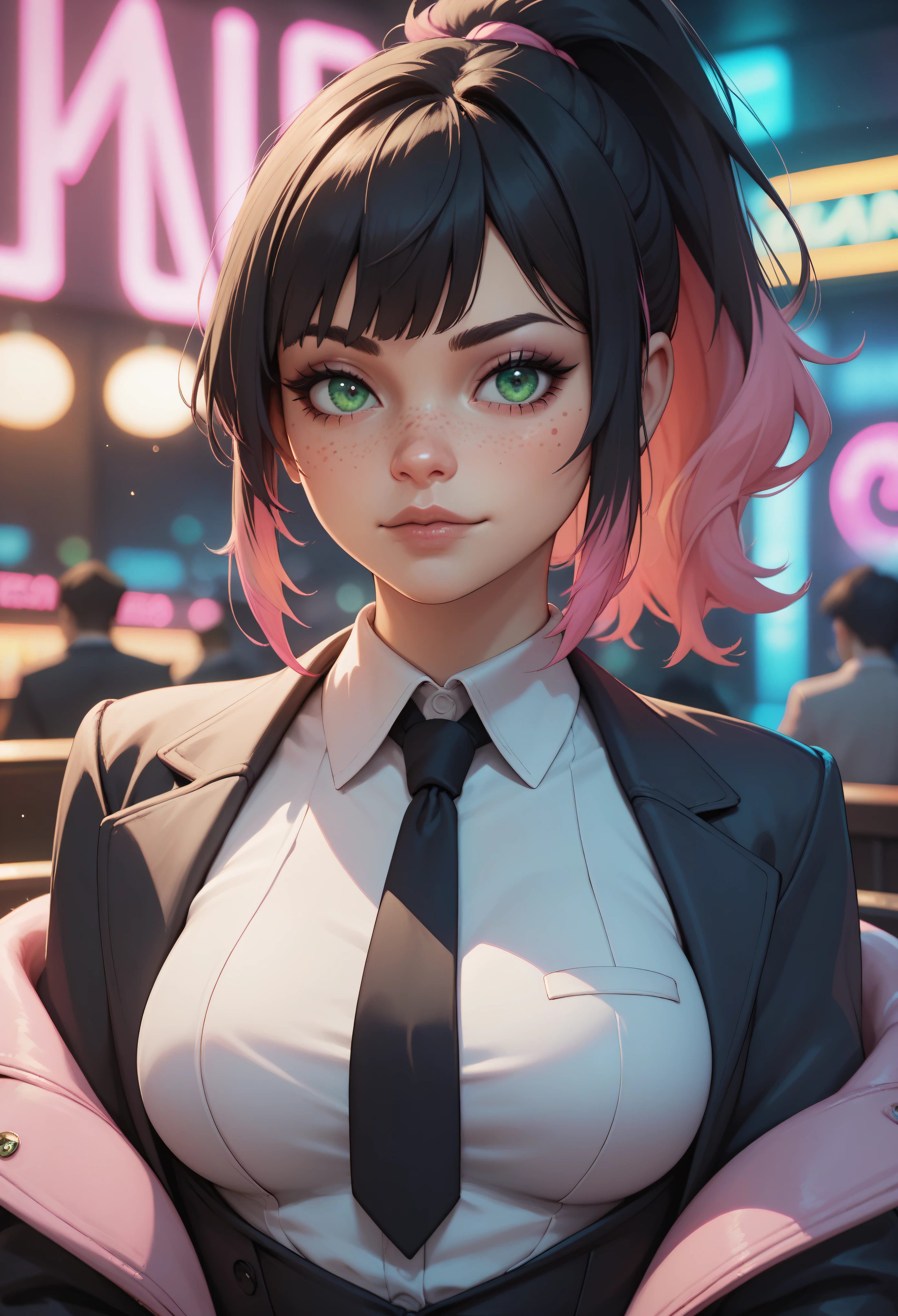 score_9, score_8_up, score_7_up, 1girl, portrait, upper body, nightclub, neon lights, bokeh, depth of field, black hair, pink dyed hair, ponytail, bangs, green eyes, freckles, necktie, suit jacket, breasts