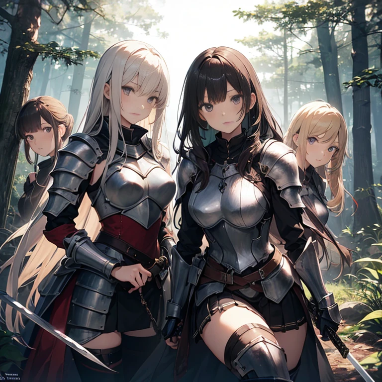 A group of female knight, (in forest), various hair styles, harem, wearing armored clothes, metal armor, night, details face, , short skirt, seducing, sword