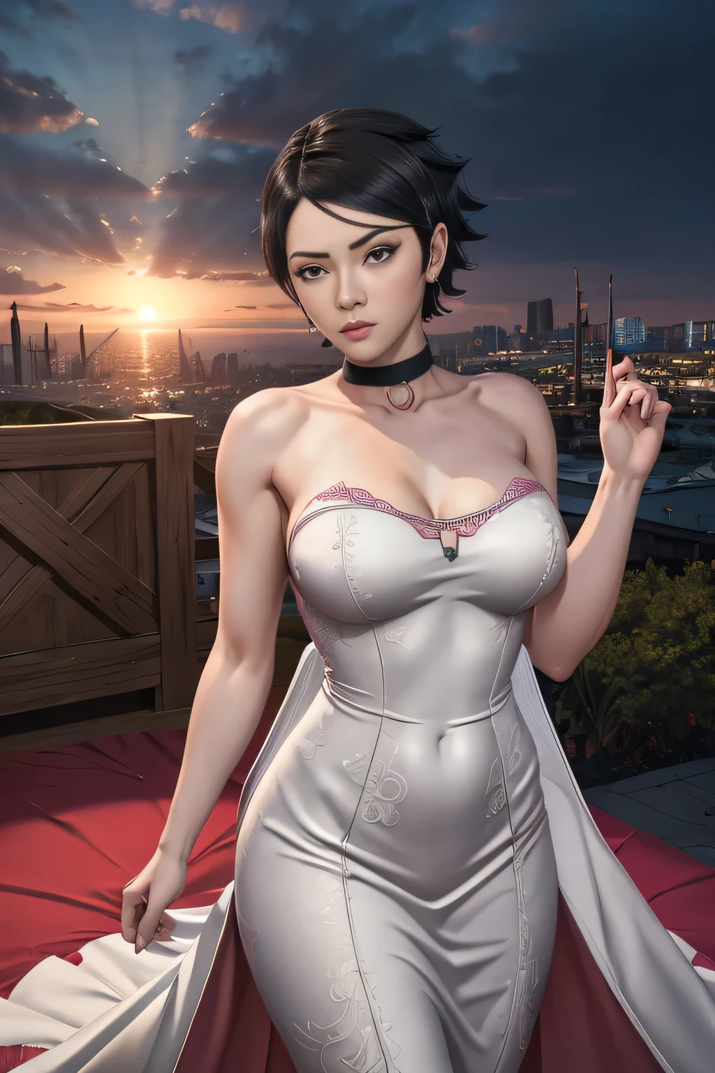 masterpiece, absurdres , (intricate details), (colorful),cinematic lighting,extremely detailed CG unity 8k wallpaper , Sarada Uchiha, 1girl, solo, white tight wedding dress , looking at viewer, outdoors, hotel bedroom , cloudy sky, wind, seductive pose