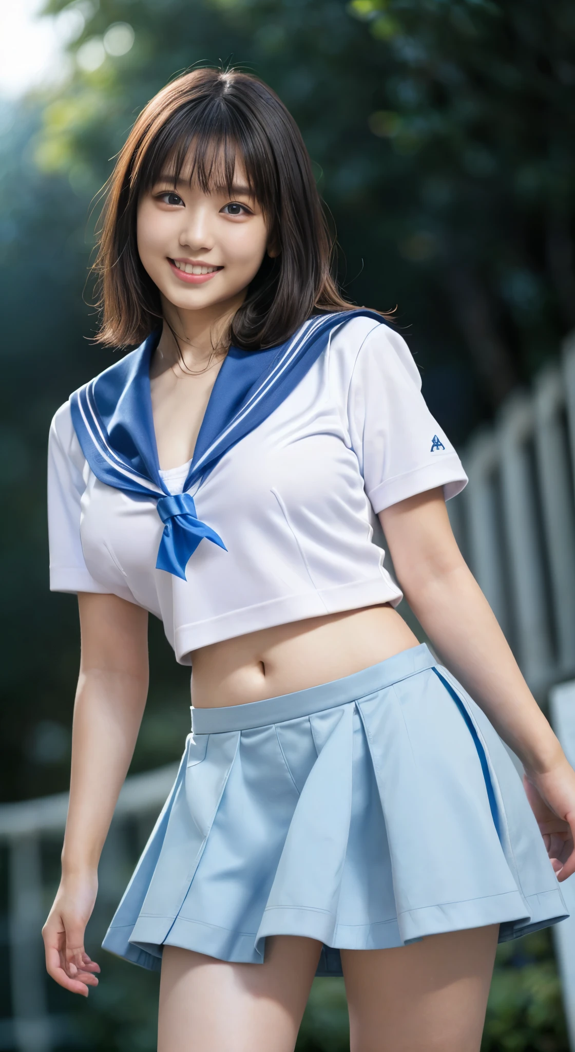 （8k、Raw photography、highest quality、masterpiece：1.2),(Black Hair:1.5),(Very short hair:1.4),(1 high school girl:1.6)、(school uniform、Polo shirt、skirt: 1.6)、(Clothing that emphasizes the shape of your chest、Big Breasts:1.9)、(Light blue sailor suit:1.6)、Ultra-high resolution,(grassland:1.3)、(Japanese women: 1.2),（Realistic：1.37）、Photon Mapping,reality、(very cute: 1.9)、(Cute Smile: 1.8)、(Round face: 1.9)、(Baby Face: 1.4)、Radio City、Physically Based Rendering、Depth of field rally background、photograph, (短すぎるskirtを履いている: 2.0)、(チェック柄のプリーツskirt:1.4)、(White panties are visible:1.4),(Angle from below、Your thighs are beautiful: 1.5)、whole body、Great quality
