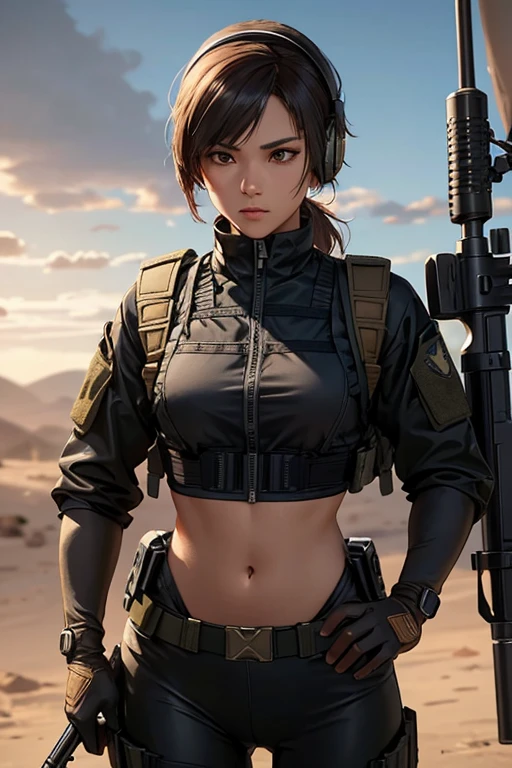 a woman in a black outfit holding a rifle and wearing headphones, 24-year-old woman, Filipino woman, tan bronze skin, soldier girl, mechanized soldier girl, military girl, beautiful female soldier, female lead character, infantry girl, of a sniper girl in war, solo female character, future combat gear, close up half body shot, Women in crop top military bulletproof vest, showing navel, quiet from metal gear solid v, wearing tactical gear, dressed in tactical armor