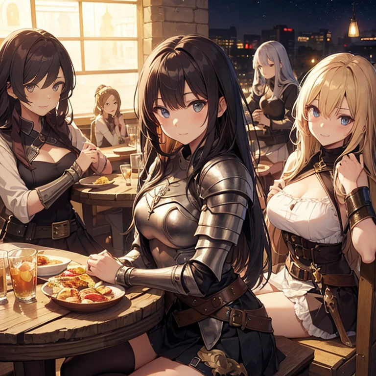 A group of  female medieval fantasy adventurers, (in tavern), various hair styles, harem, night, details face, short skirt, seducing, sleeveless, armor 