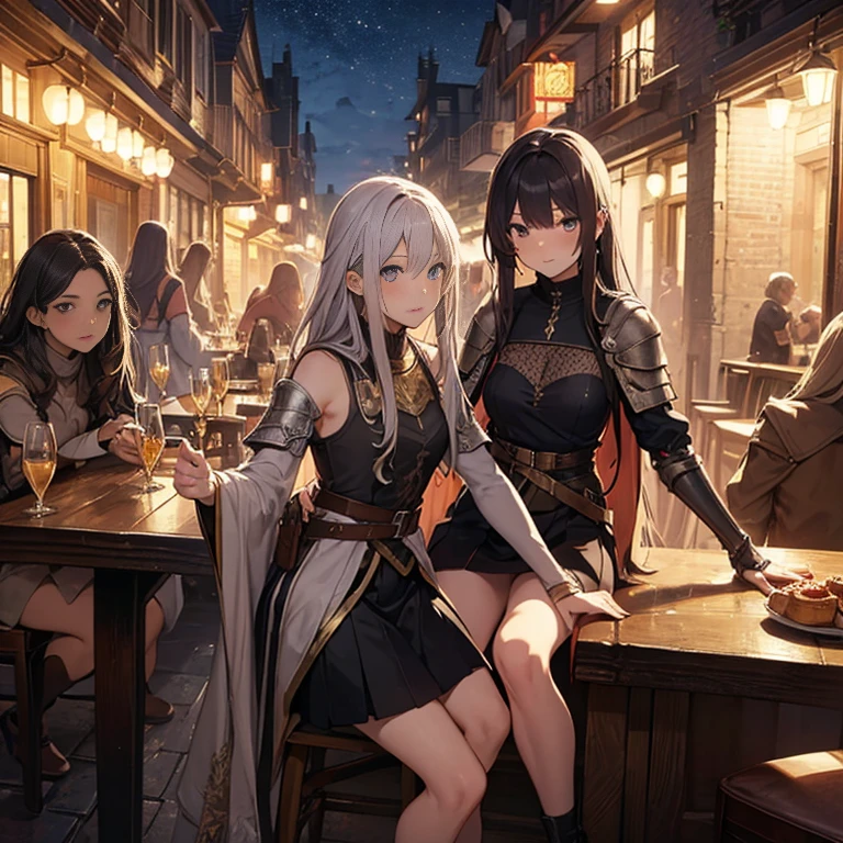 A group of female medieval fantasy adventurers, (in tavern), various hair styles, harem, night, details face, short skirt, seducing, sleeveless, armor