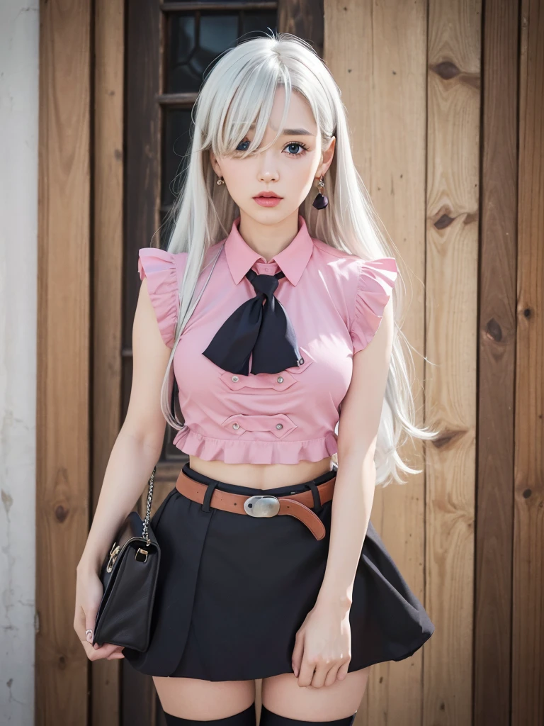 Khmeliza, 1girl in, Hair above one eye、White hair、long、Jewelry, single thighhigh, Midriff, Black skirt, Asymmetrical legwear, ((PINK SHIRT)), black thighhighs, Belt bag, Miniskirt